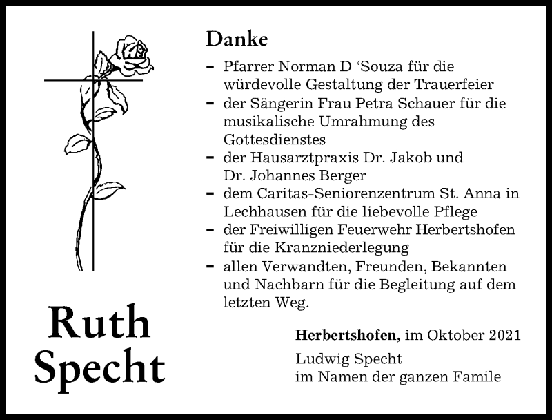  Traueranzeige für Ruth Specht vom 23.10.2021 aus Augsburg-Land