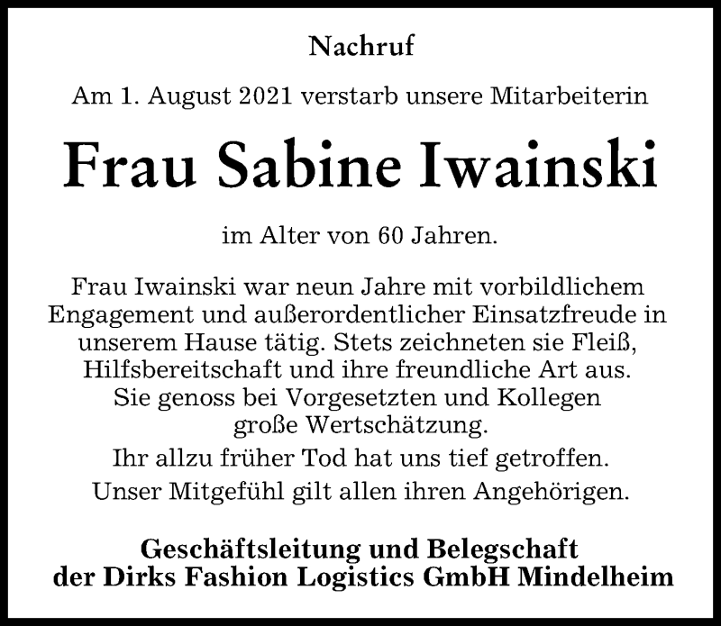 Traueranzeige von Sabine Iwainski von Mindelheimer Zeitung