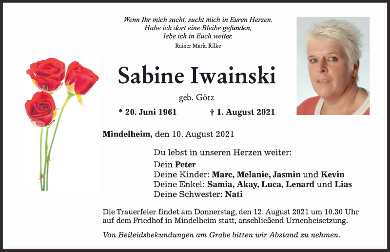 Traueranzeige von Sabine Iwainski von Mindelheimer Zeitung