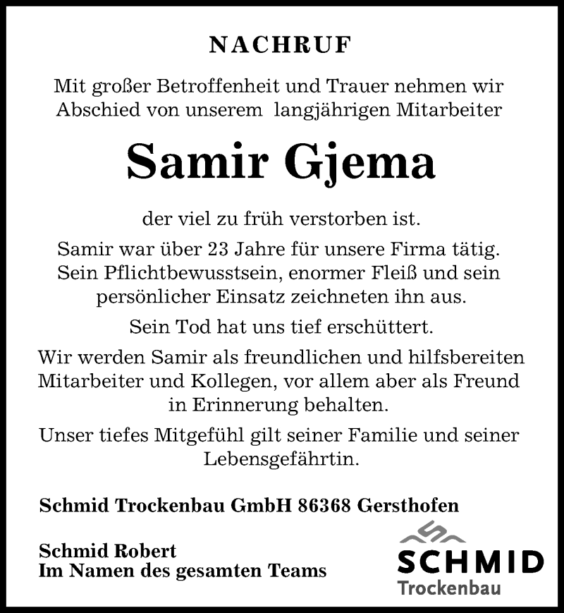 Traueranzeige von Samir Gjema von Augsburger Allgemeine