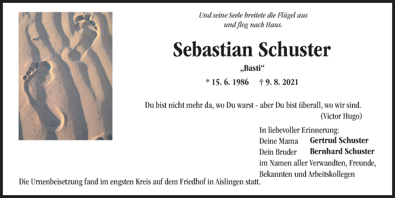 Traueranzeige von Sebastian Schuster von Donau Zeitung