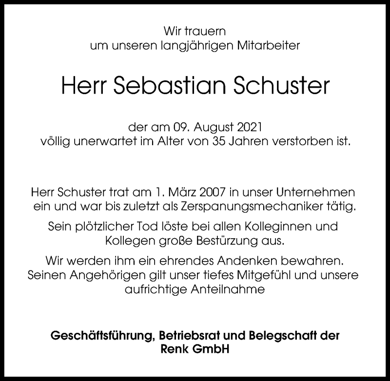 Traueranzeige von Sebastian Schuster von Augsburger Allgemeine