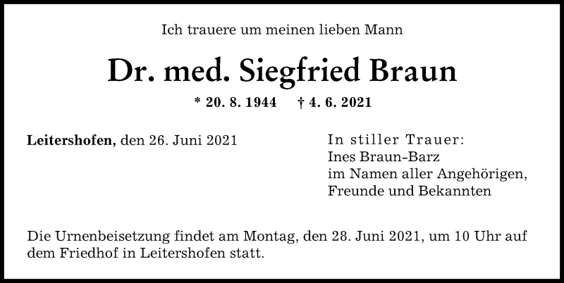 Traueranzeige von Siegfried Braun von Augsburger Allgemeine