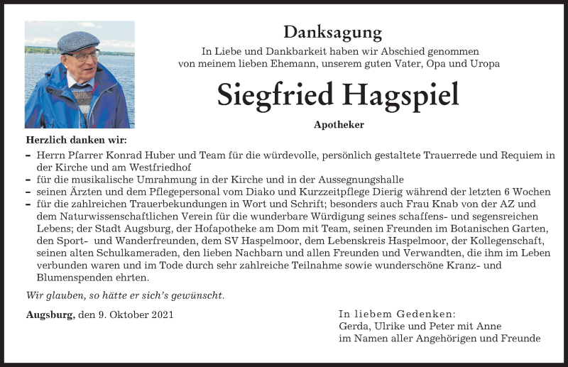 Traueranzeige von Siegfried Hagspiel von Augsburger Allgemeine