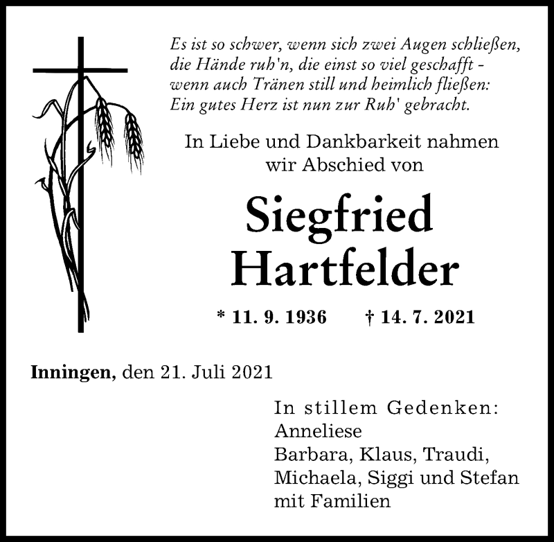 Traueranzeige von Siegfried Hartfelder von Augsburger Allgemeine