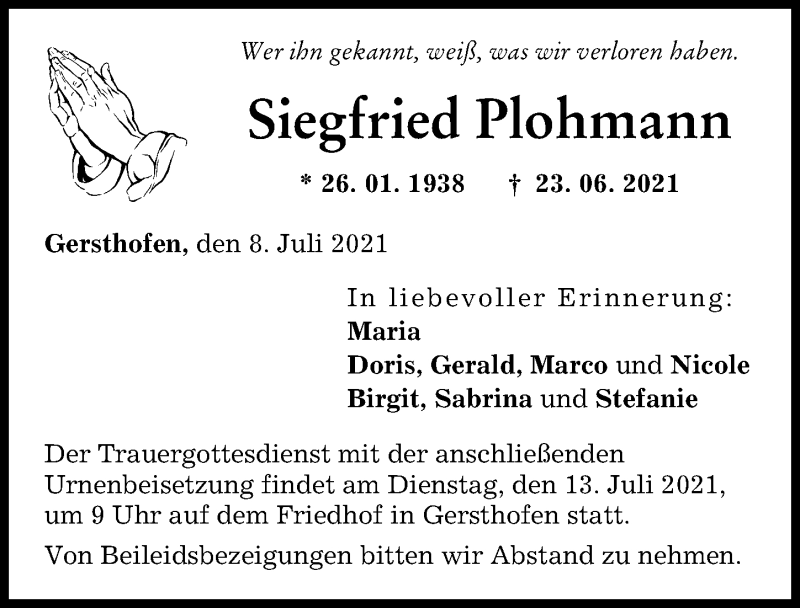  Traueranzeige für Siegfried Plohmann vom 08.07.2021 aus Augsburg-Land