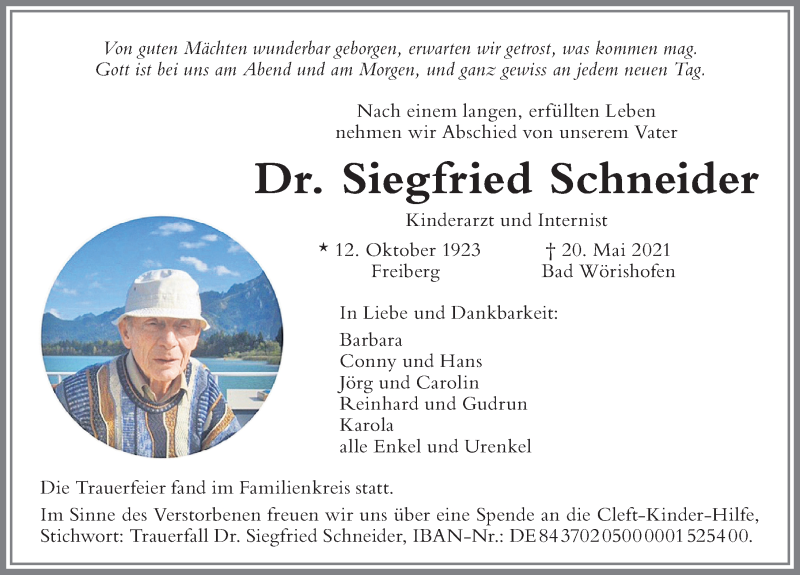 Traueranzeige von Siegfried Schneider von Mindelheimer Zeitung