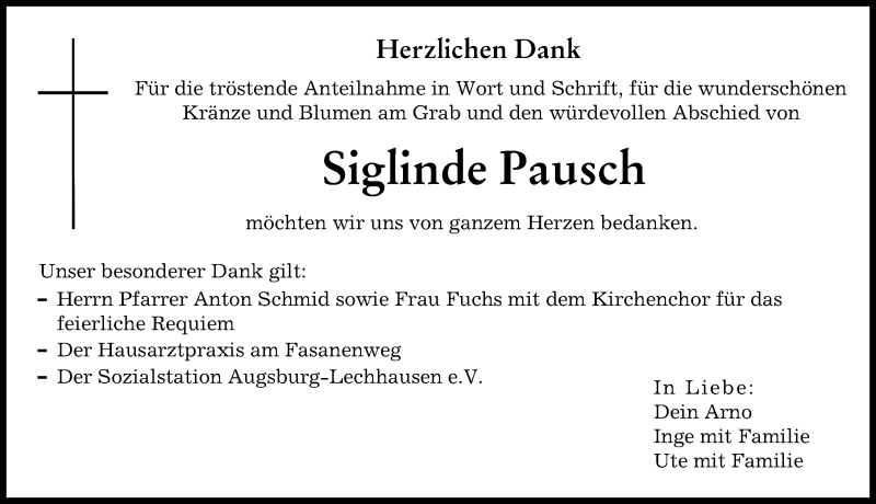 Traueranzeige von Siglinde Pausch von Augsburger Allgemeine