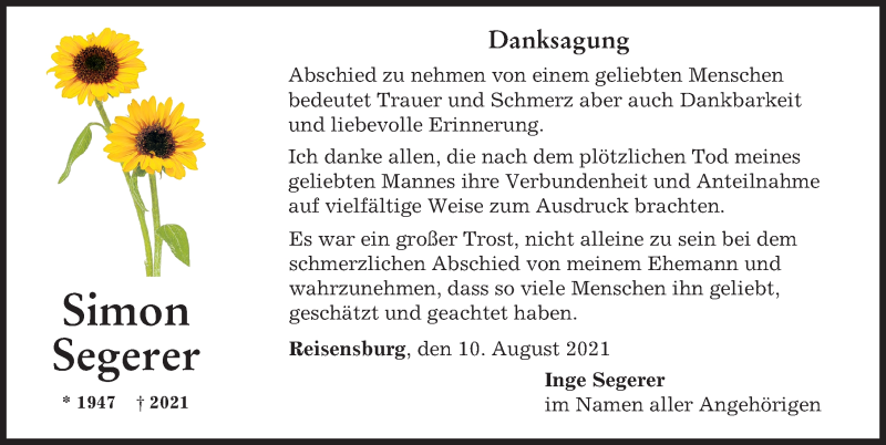 Traueranzeige von Simon Segerer von Günzburger Zeitung