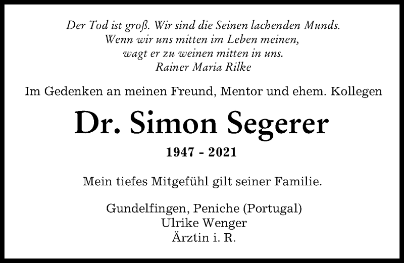 Traueranzeige von Simon Segerer von Günzburger Zeitung