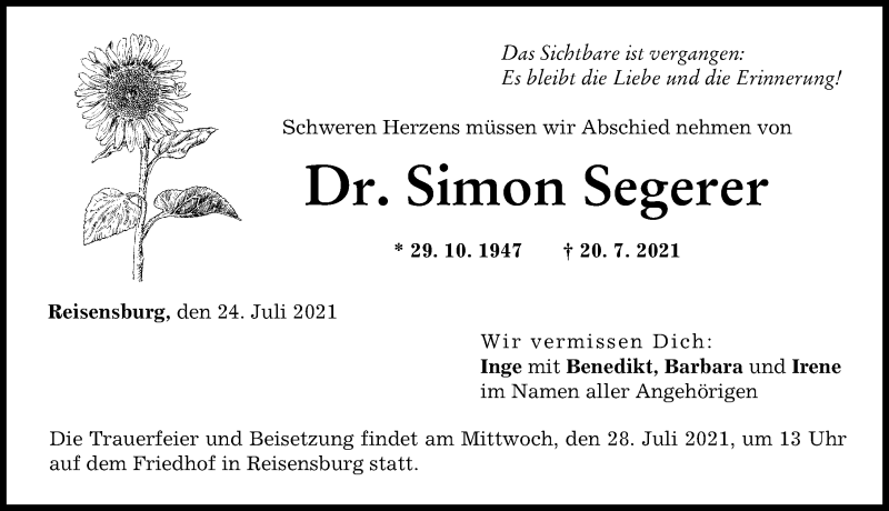 Traueranzeige von Simon Segerer von Günzburger Zeitung