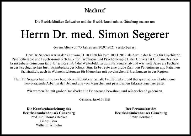 Traueranzeige von Simon Segerer von Günzburger Zeitung