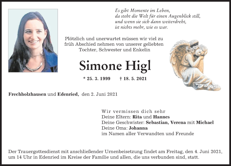 Traueranzeige von Simone Higl von Aichacher Nachrichten