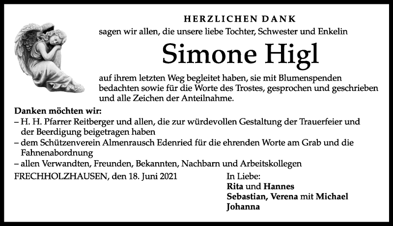 Traueranzeige von Simone Higl von Aichacher Nachrichten