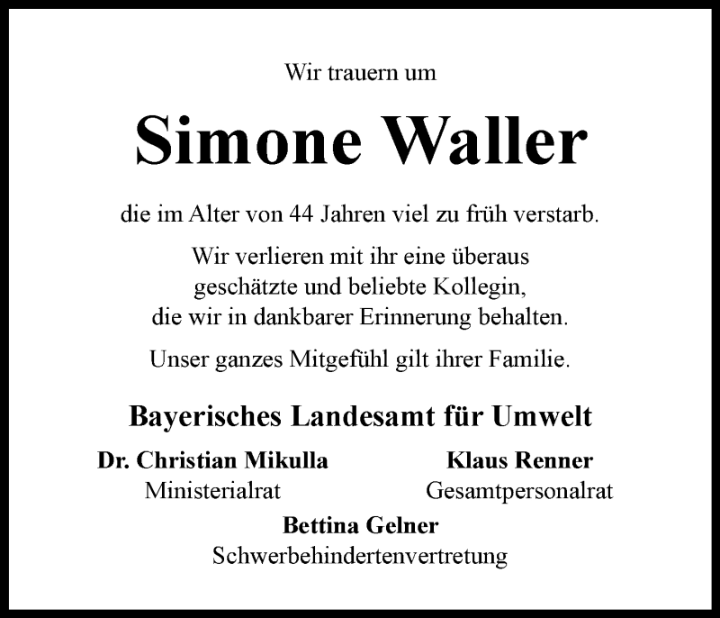 Traueranzeige von Simone Waller von Augsburger Allgemeine