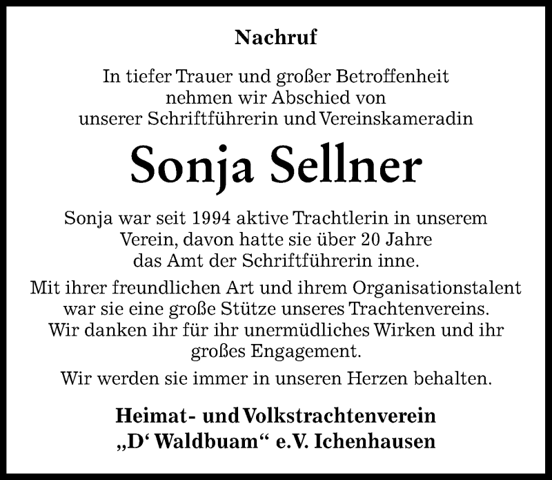 Traueranzeige von Sonja Sellner von Günzburger Zeitung