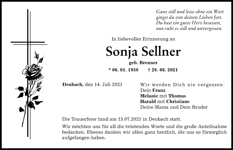 Traueranzeige von Sonja Sellner von Günzburger Zeitung