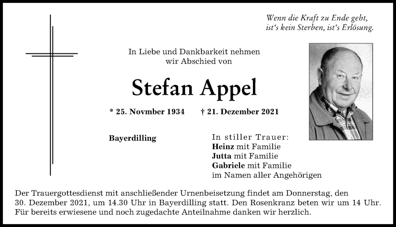 Traueranzeige von Stefan Appel von Donauwörther Zeitung