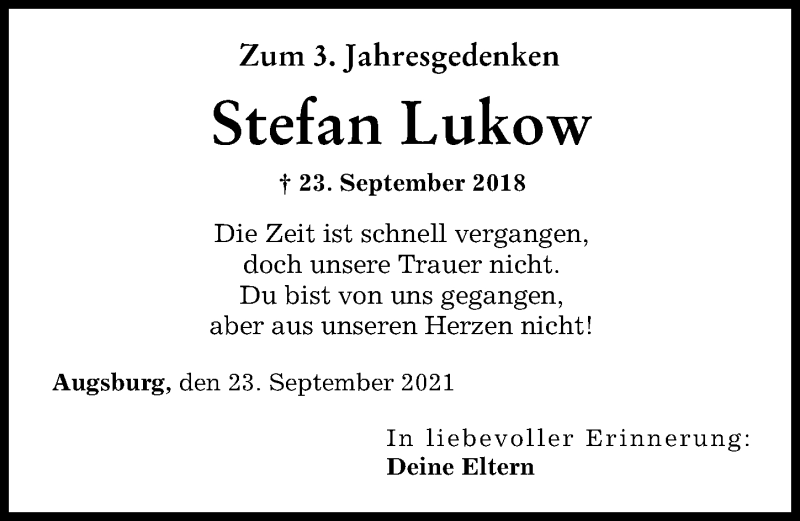  Traueranzeige für Stefan Lukow vom 23.09.2021 aus Augsburger Allgemeine