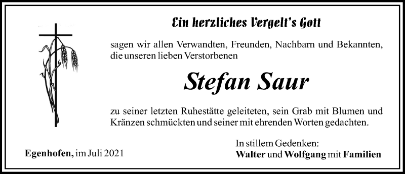 Traueranzeige von Stefan Saur von Mittelschwäbische Nachrichten, Günzburger Zeitung