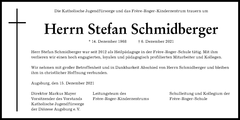  Traueranzeige für Stefan Schmidberger vom 15.12.2021 aus Augsburger Allgemeine
