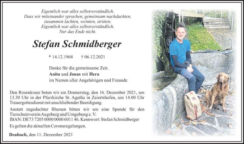  Traueranzeige für Stefan Schmidberger vom 11.12.2021 aus Mittelschwäbische Nachrichten, Illertisser Zeitung, Augsburger Allgemeine
