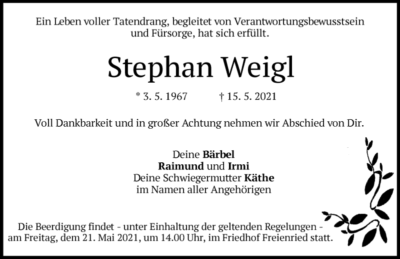 Traueranzeige von Stephan Weigl von Friedberger Allgemeine