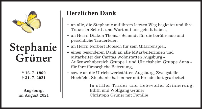 Traueranzeigen von Stephanie Grüner | Augsburger Allgemeine Zeitung