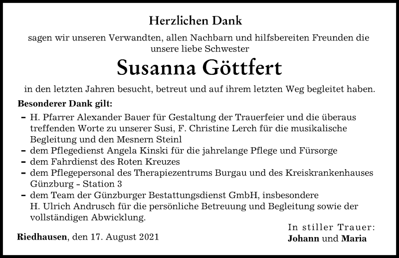 Traueranzeige von Susanna Göttfert von Günzburger Zeitung