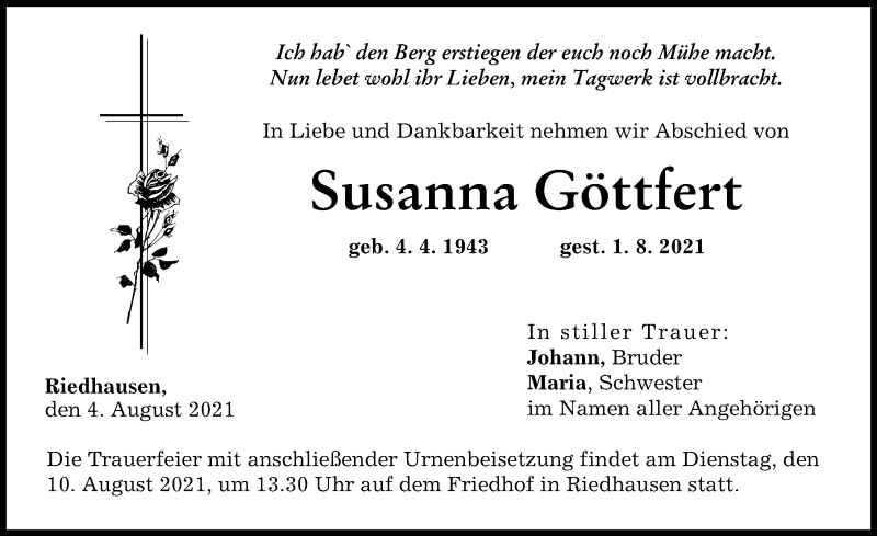 Traueranzeige von Susanna Göttfert von Günzburger Zeitung