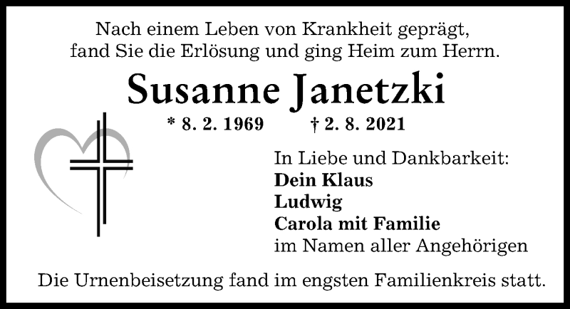 Traueranzeige von Susanne Janetzki von Mittelschwäbische Nachrichten