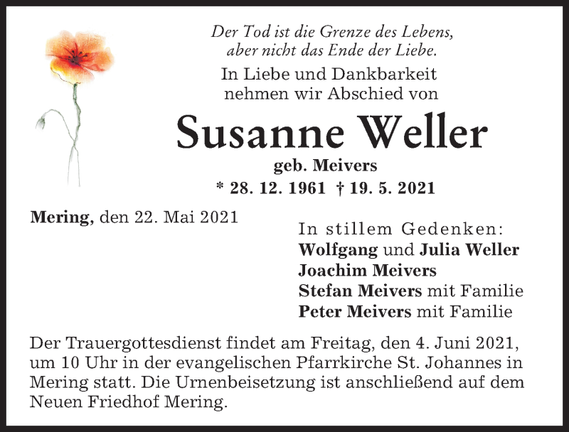 Traueranzeige von Susanne Weller von Friedberger Allgemeine