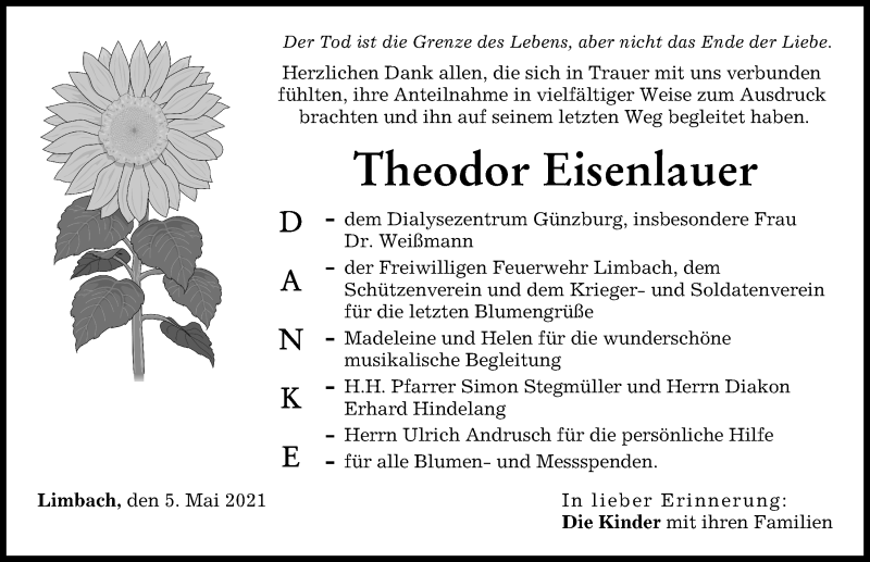 Traueranzeige von Theodor Eisenlauer von Günzburger Zeitung