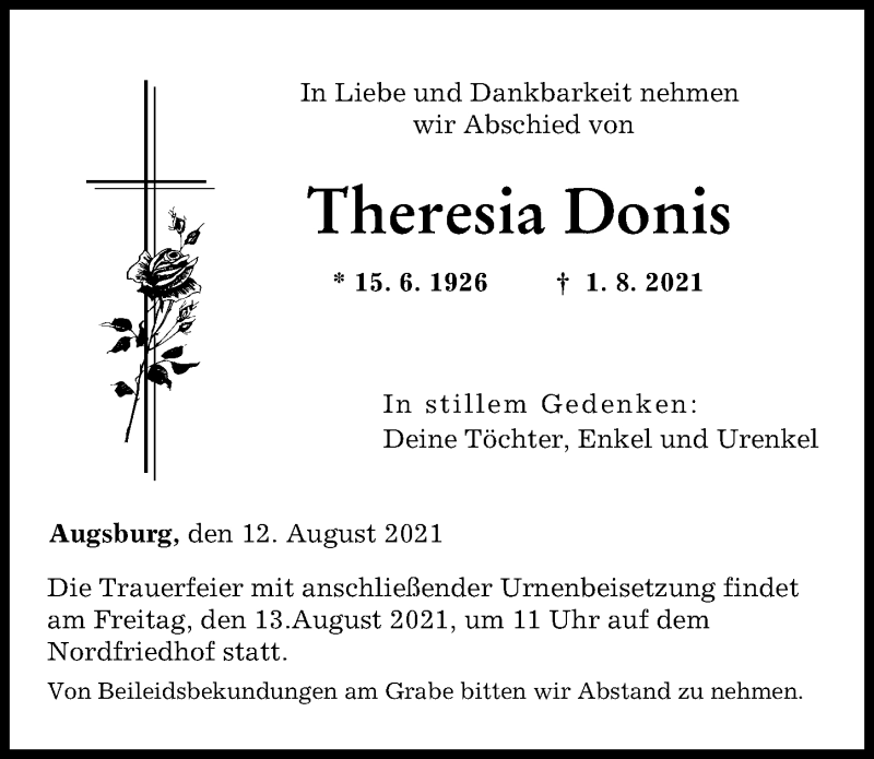 Traueranzeige von Theresia Donis von Augsburger Allgemeine