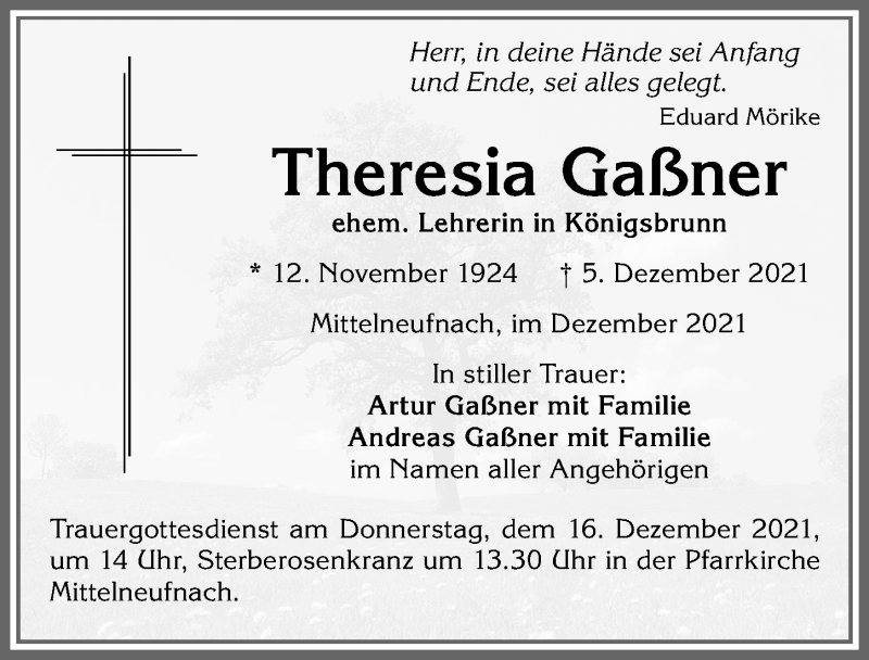 traueranzeigen von theresia gaßner augsburger allgemeine zeitung