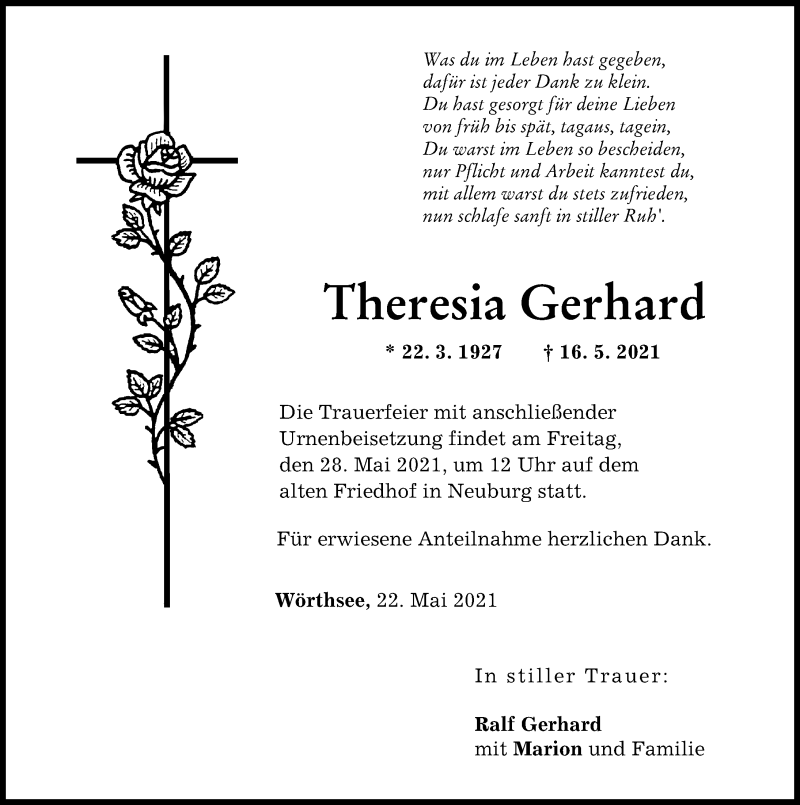 Traueranzeige von Theresia Gerhard von Neuburger Rundschau