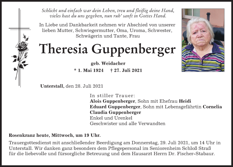 Traueranzeige von Theresia Guppenberger von Neuburger Rundschau