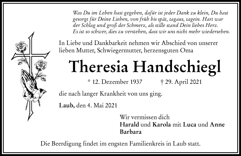 Traueranzeige von Theresia Handschiegl von Rieser Nachrichten