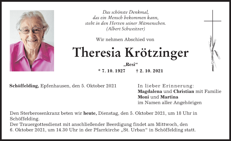 Traueranzeigen Von Theresia Kr Tzinger Augsburger Allgemeine Zeitung