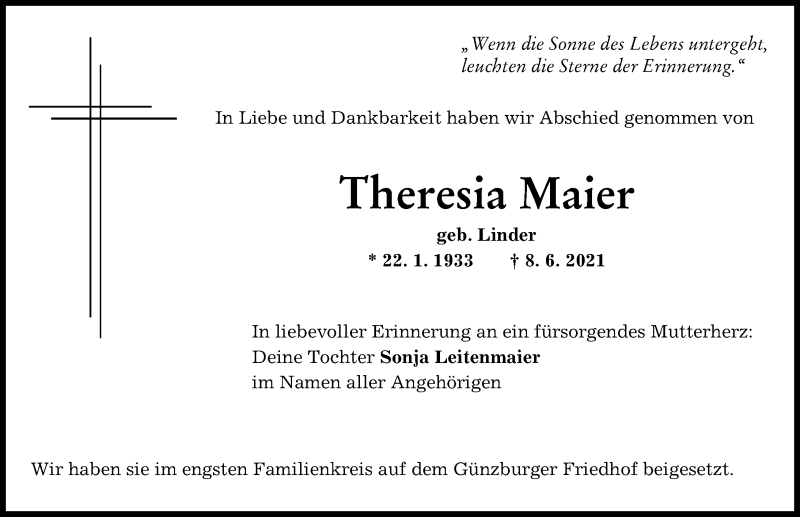 Traueranzeige von Theresia Maier von Günzburger Zeitung