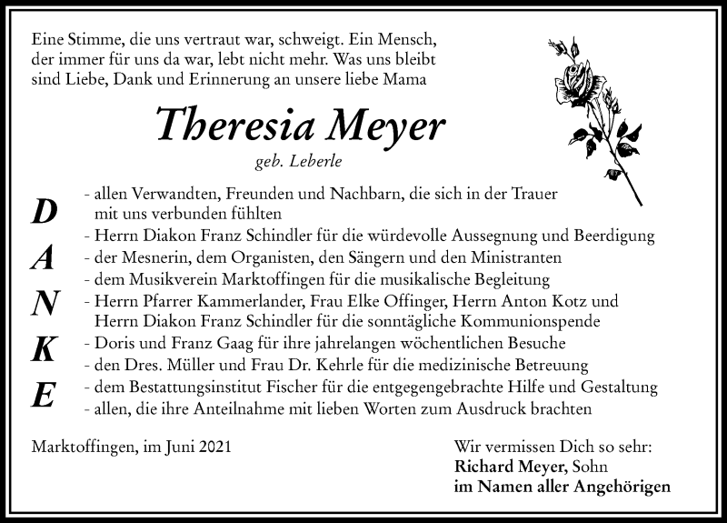 Traueranzeige von Theresia Meyer von Rieser Nachrichten