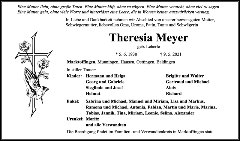 Traueranzeige von Theresia Meyer von Rieser Nachrichten