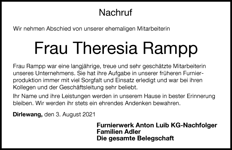 Traueranzeige von Theresia Rampp von Mindelheimer Zeitung