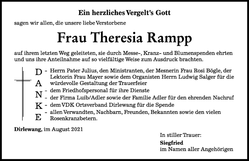 Traueranzeige von Theresia Rampp von Mindelheimer Zeitung