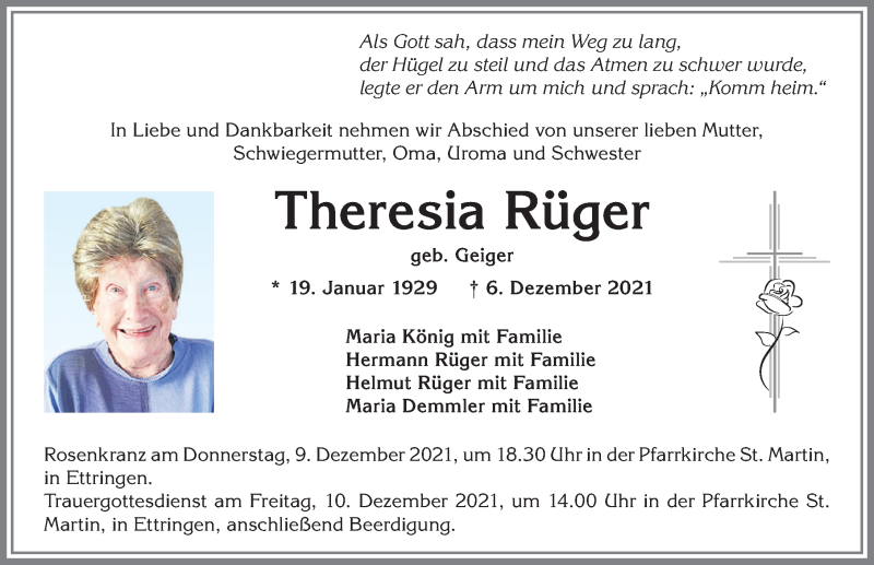 Traueranzeigen von Theresia Rüger | Augsburger Allgemeine Zeitung