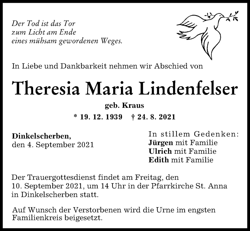 Traueranzeige von Theresia Maria Lindenfelser von Augsburger Allgemeine