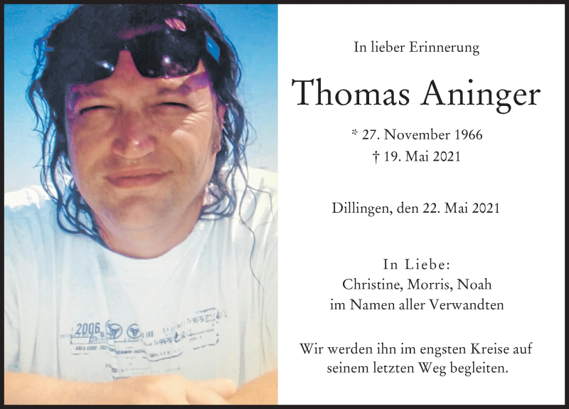 Traueranzeige von Thomas Aninger von Donau Zeitung