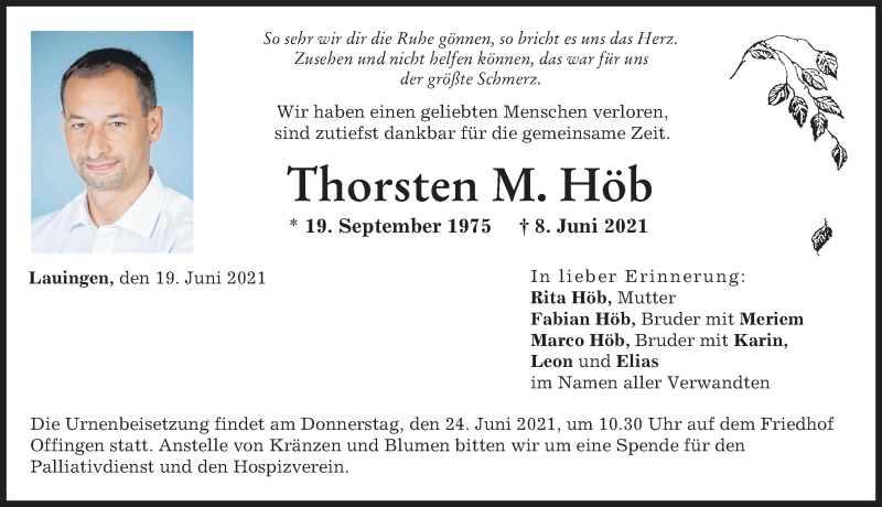 Traueranzeige von Thorsten M. Höb von Donau Zeitung, Günzburger Zeitung