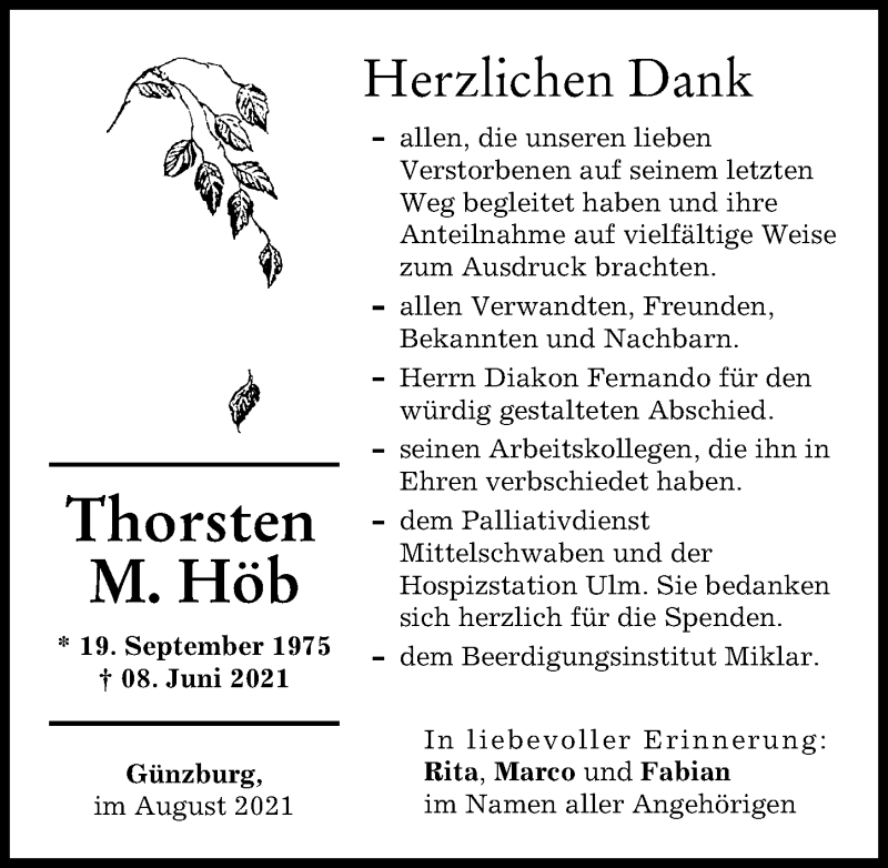 Traueranzeige von Thorsten M. Höb von Donau Zeitung, Günzburger Zeitung