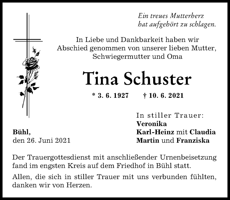 Traueranzeige von Tina Schuster von Günzburger Zeitung